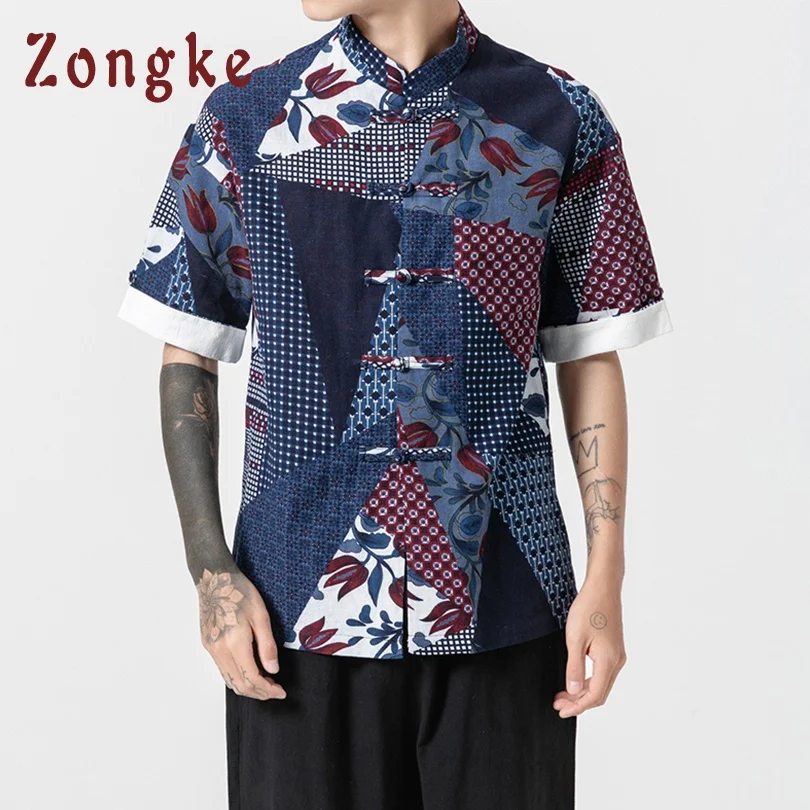 Zongke Kinijos Nacionalinio Stiliaus Vyrų Marškinėliai trumpomis Rankovėmis Juoda Vintage Marškinėliai Vyrams Medvilnės Patalynė Trumpas Rankovės Marškinėliai Vyrams 5XL 2019 Naujas