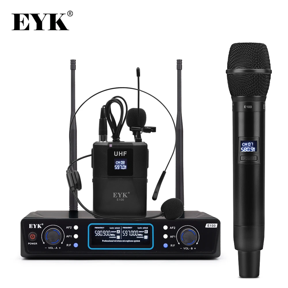 EYK E100 Dual Būdas Siųstuvas UHF Bevielis Mikrofonas rankiniais + Bodypack + Atvartas + laisvų Rankų įranga Mic už Karaoke Bažnyčia 