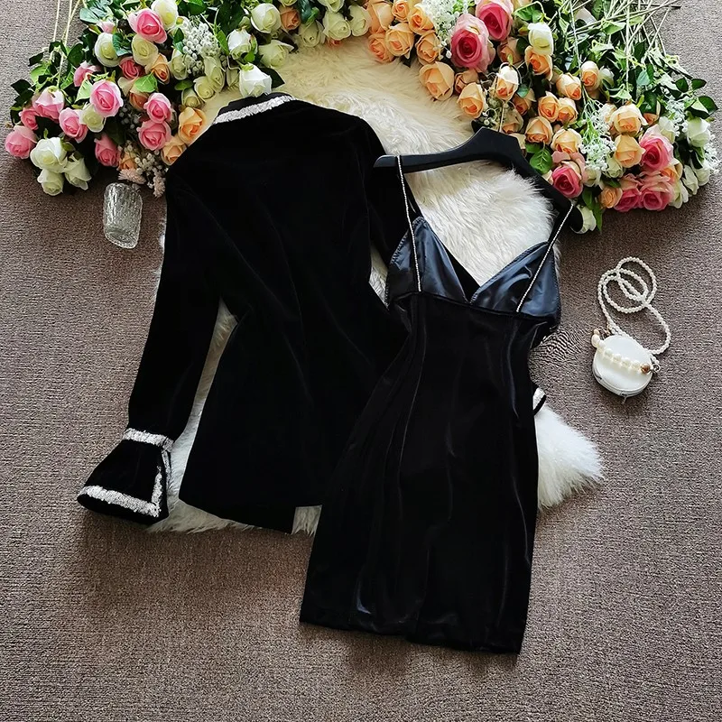 Temperamentas aukso aksomo kostiumas 2020 m. rudenį naujų ponios blizgučiais kailis diamond diržas sijonas, dviejų-lizdinė