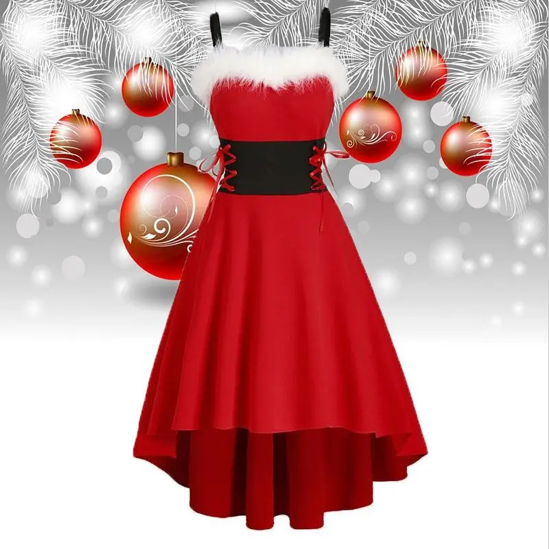 Moteris Festivalis Kalėdų Elf Naujųjų Metų Kalėdos Raudonas Diržas Suknelės Mergaičių Cosplay Kostiumų Princesė Šaliai Vaidmuo Žaisti Dress Sudaro Apranga