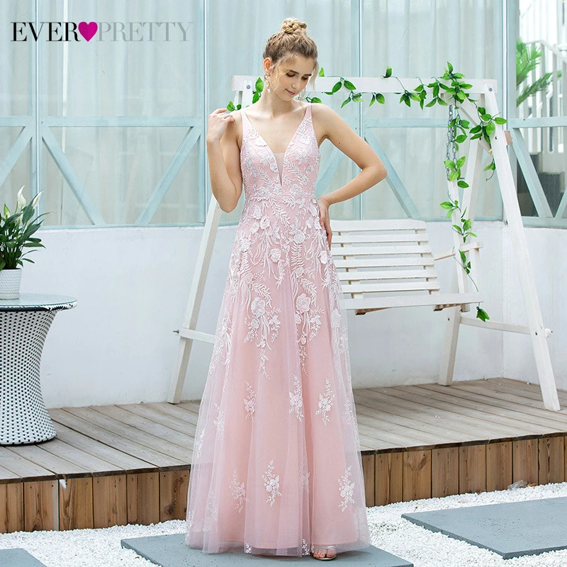 Pink Gėlių Nėrinių Prom Dresses Kada Nors Gana-Line V-Kaklo Spagečiai Dirželiai Tiulio Elegantiškas Ilgas Šalis, Chalatai Vestidos De Gala 2020 M.