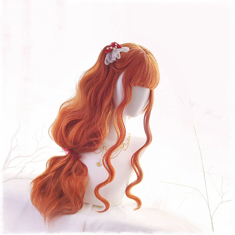Harajuku Japonijos Saldus Lolita Perukai Princesė Ilgai Orange Garbanotas Banga Perukas Helovinas Šalis Cosplay Hairpiece Sintetinių Plaukų + Kepurė