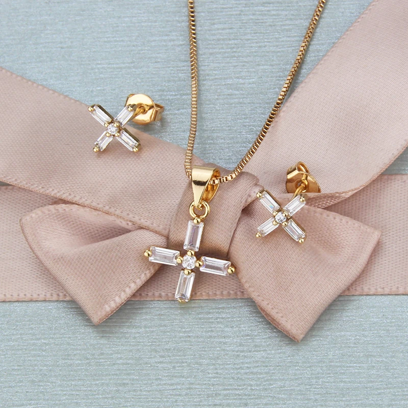 SUNSLL Naujas aukso, vario papuošalai, nustatykite baltos kubinis cirkonis kryžiaus auskarai, karoliai moterų mados unikalūs papuošalai pakabukas rinkinys dovanų