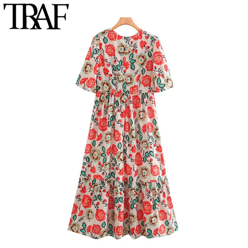 TRAF Moterų Elegantiškos Mados Gėlių Spausdinti Susiėmę Midi Suknelė Vintage Trumpas Rankovės Atgal Užtrauktuką Moterų Suknelės, Vestidos Mujer