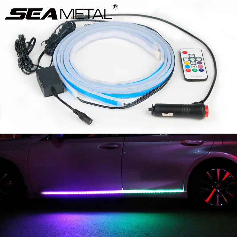 Automobilių Salono Apšvietimas LED Auto Durų Sveiki Lempa Lanksčios Juostelės Nuotolinio Valdymo RGB Spalvų Underglow Underbody Sistema Neoninė Šviesa
