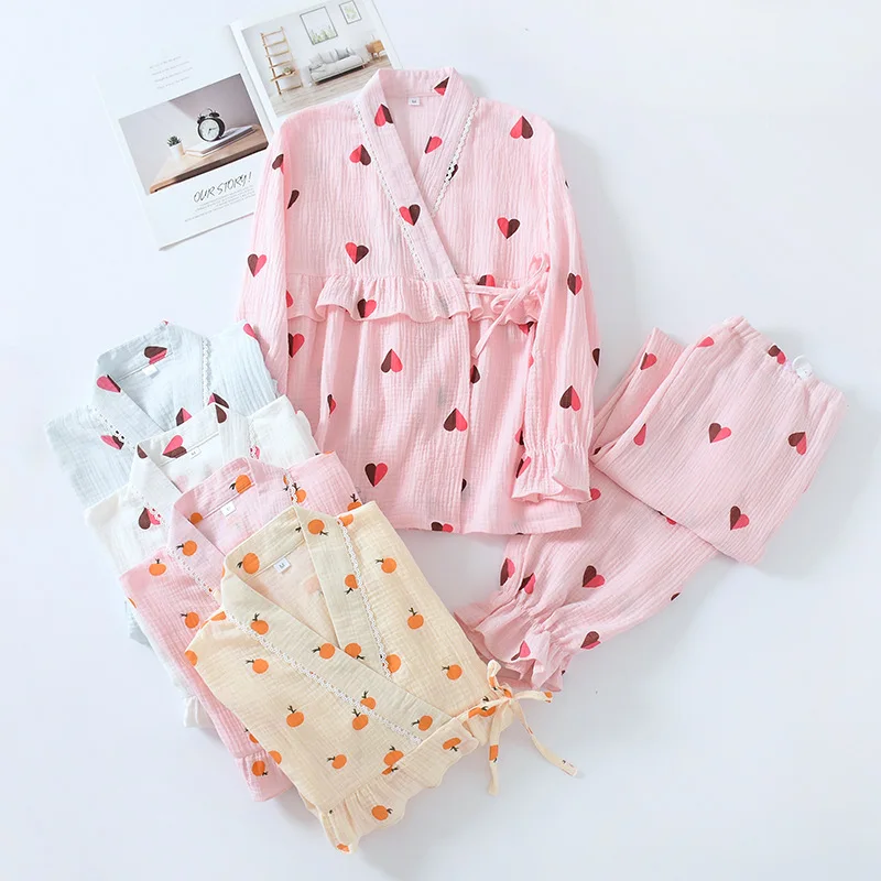 Saldus Japonų sleepwear moterų pižama rinkiniai pavasario krepo medvilnės ilgomis rankovėmis naktiniai drabužiai moterims, pižamos homewear
