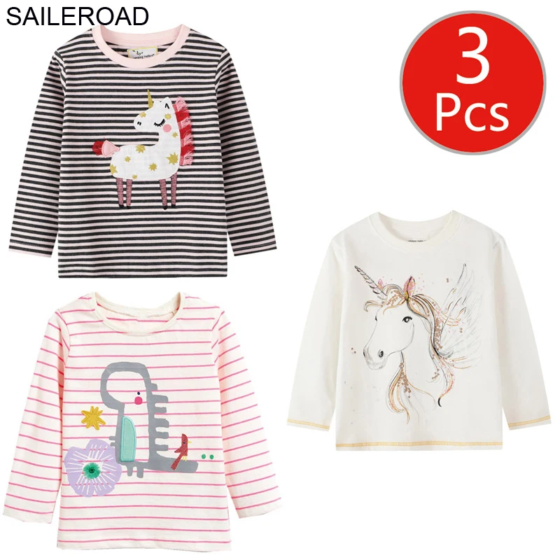 SAILEROAD 3Pcs Didmeninė Vaikų Marškinėliai Rudenį 2020 Merginos Long Sleeve t-shirts Vienaragis Medvilnės Vaikai Plonas Viršutiniai Marškinėliai
