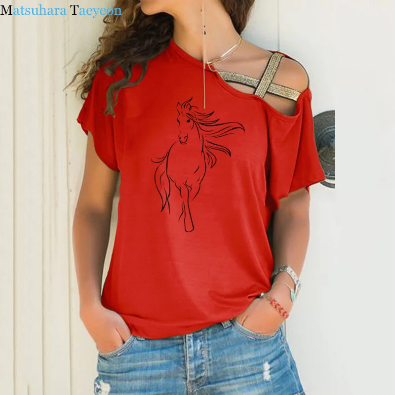 Vasaros Mados Kūrybos Arklių medvilnės T-shirt spausdinti moteriški marškinėliai atsitiktinis juokinga T Shirts Nereguliarus Nerijos Kryžiaus Tvarstis Viršūnes Tee