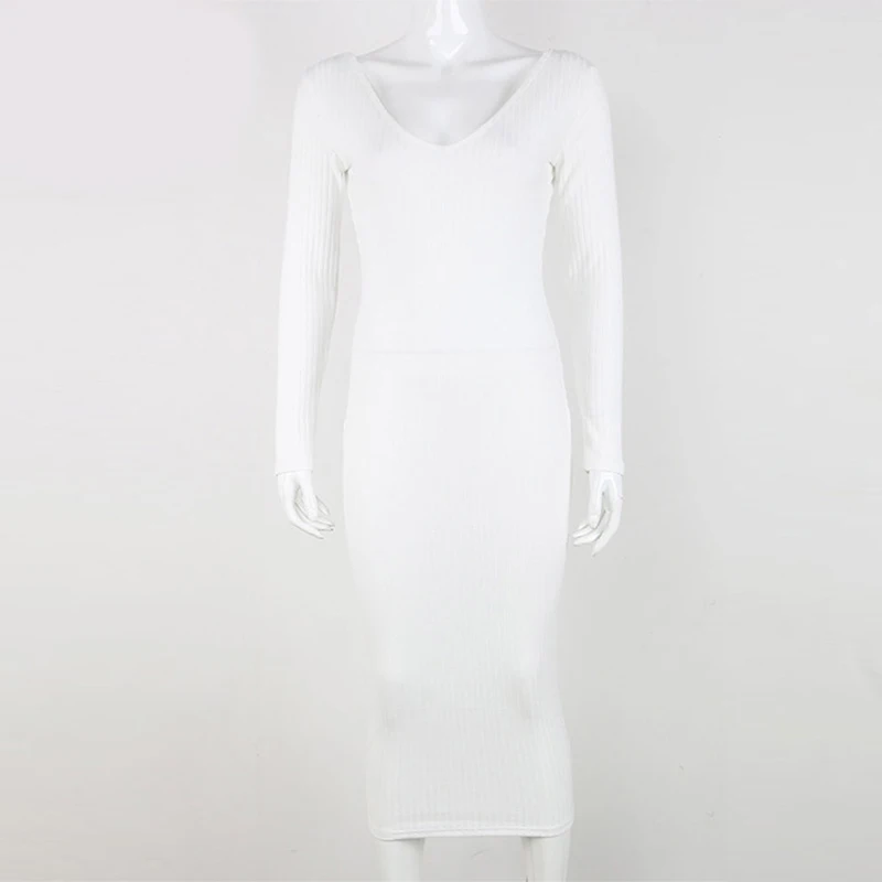 Forefair Ilgomis Rankovėmis Briaunoti Megztiniai Moterims, Ilga Suknelė 2020 Elegantiškas V Kaklo Lieknėjimo Stilingas Kietas Seksualus 