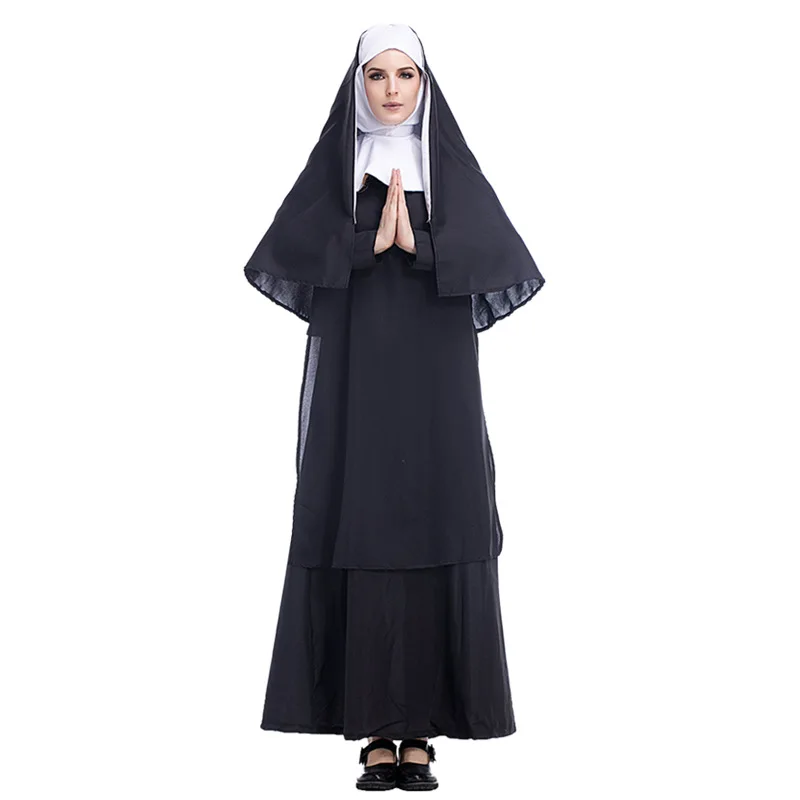 Suaugusiųjų Cosplay Mergelės Marijos Vienuolės Kostiumas Suaugusiųjų Velykų Misionierius Black Dress Helovinas Kostiumas S-2XL
