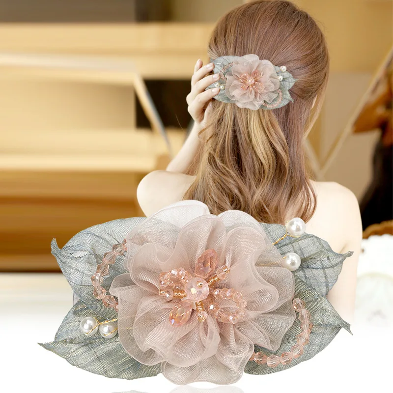 Korėjos Šilko Siūlai Gėlių Plaukų Įrašą Pearl kalnų krištolas Šukuosena Plaukų Clips Elegantiškas Pavasario Įrašą Moterų Vestuvių Plaukų Aksesuarai