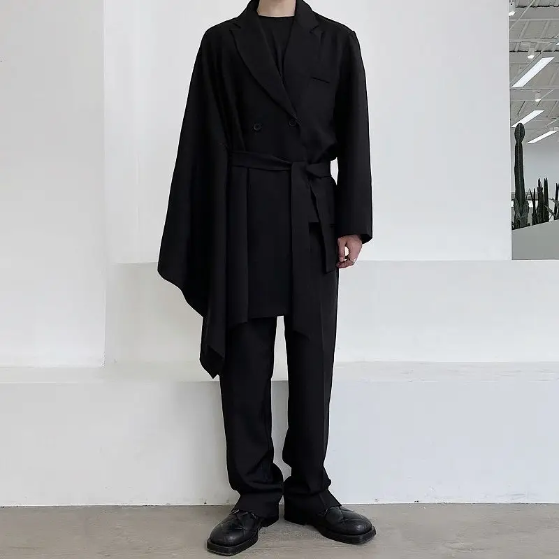 IEFB /vyriški drabužiai Nišą asmenybės nereguliarus Kūrybiškumą madingas kostiumas paltai porą juoda balta sportiniai švarkai (bleizeriai) su diržo naujų Y3382