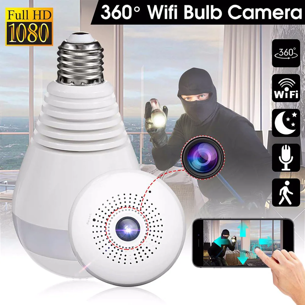 360 Laipsnių Belaidžio WIFI IP Šviesos, Kamera, 1080P Lemputė Lempos Panoraminis 
