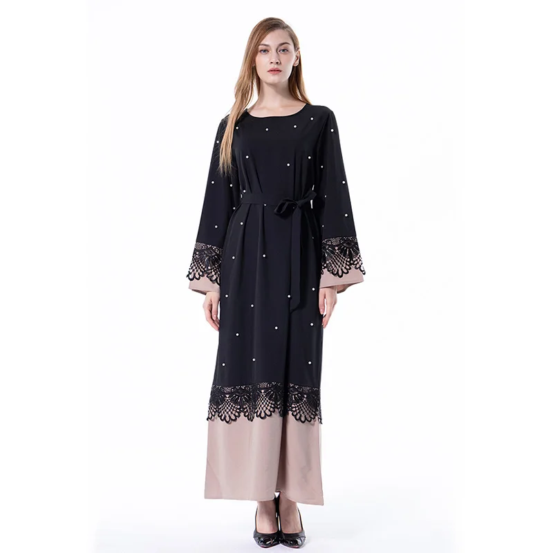 Musulmonų mados suknelė abayas moterų caftan marocain duobute perlas su juoda nėrinių kaftan