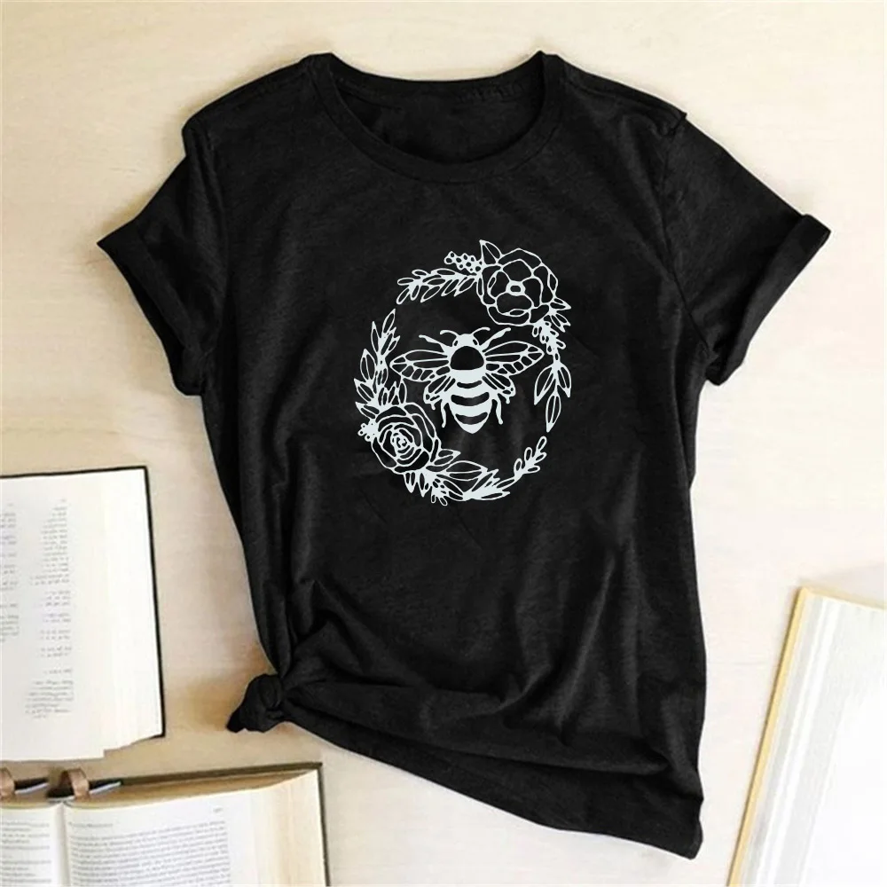 Harajuku Bičių Gėlių Spausdinti Moterų Marškinėliai trumpomis Rankovėmis Medvilnės Grafinis Tees Femme T-shirts Gatvės Stiliaus Viršūnes Moterų 2020 M. Drabužius