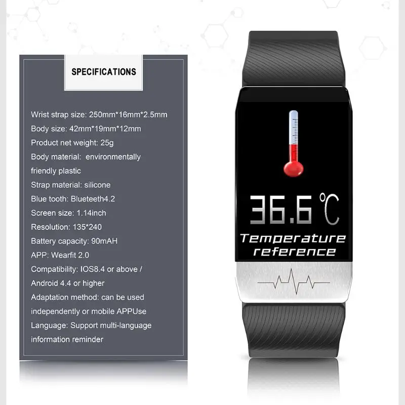 T1 Fitness Tracker Kūno Termometras EKG Smart Apyrankę Širdies ritmo Monitorius Oximeter Smart Watch Muzikos Valdymo Sportas