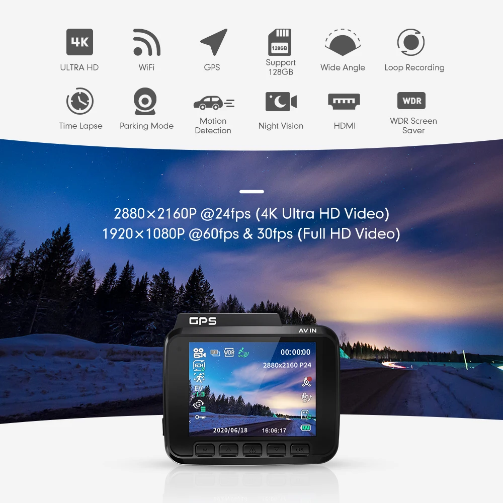 AZDOME 4K Brūkšnys Cam GS63H Automobilių DVR Kamera, Wifi, Dual Objektyvas 1080P HD Naktinio Matymo G-sensorius Dashcam Vaizdo įrašymo integruota GPS