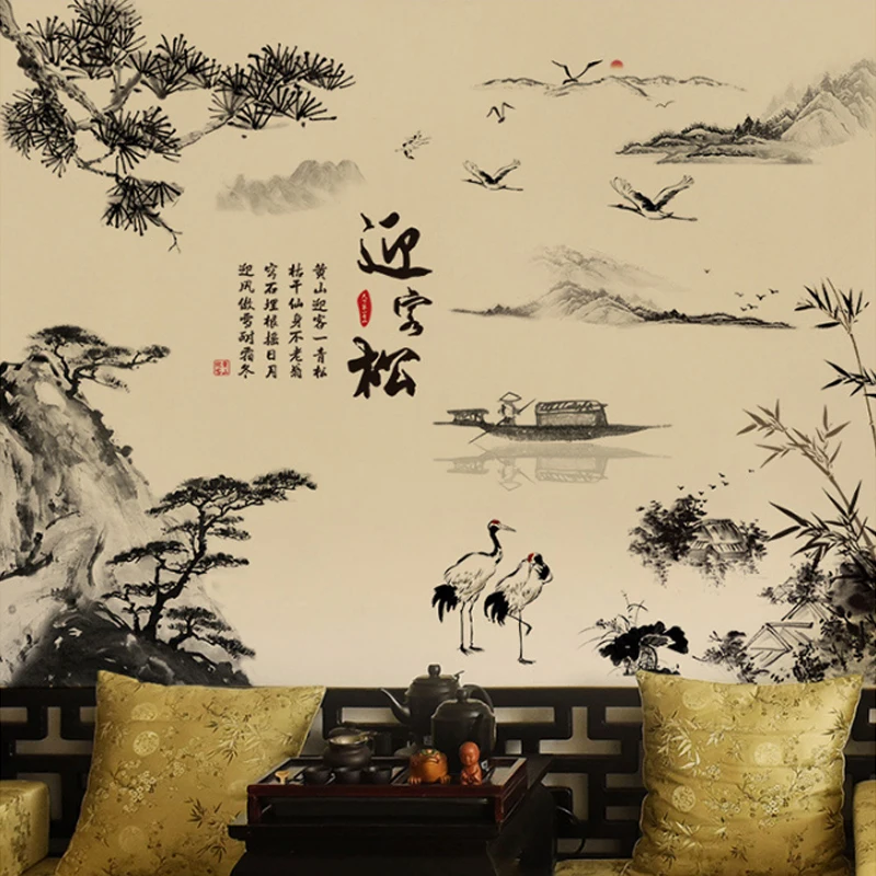 Kinų stiliaus dažai, tapyba kraštovaizdžio sienos lipdukai pušies valčių, namų apdaila, PVC, vinilo tapetai, Bambuko kalnų sienos lipdukai