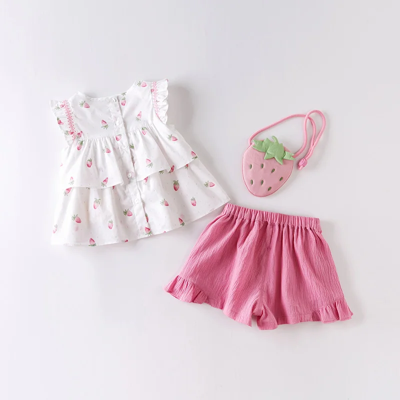 DBM14178 dave bella vasaros kūdikių mergaičių mados vaisių spausdinti ruched drabužių rinkiniai vaikams mielas rinkinius vaikams, turintiems mažas maišelis 3 vnt kostiumas