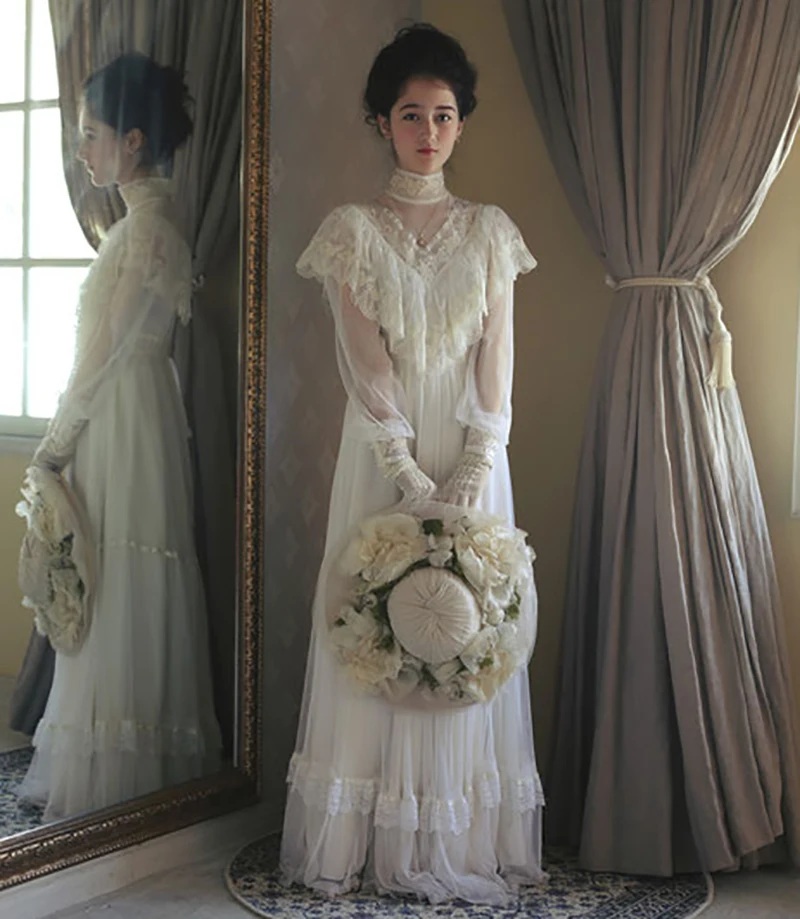 Aukštos Kaklo Tiulio Vestuvių Suknelė Medieva Viktorijos Vintage 
