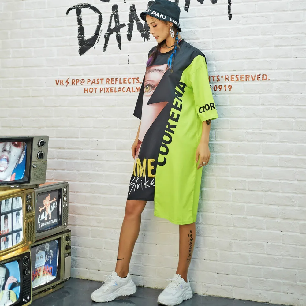 Hip-Hop T-shirt, Suknelė Moterims Harajuku Nereguliarus 3D Spausdinimo Roko Ilgai Pykti Naujas Trumpas Rankovės Prarasti Viršūnes Šokių Spalvos Blokas Streetwear