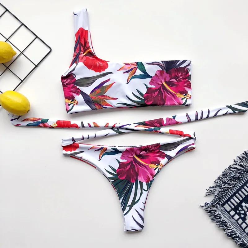 Seksualus Gėlių Spausdinti Vienos Pečių Bikini 2020 Moterų maudymosi kostiumėlį Moterų maudymosi Kostiumėliai, Dviejų vienetų bikini komplektas Vidurio Juosmens Bather Maudymosi Kostiumas