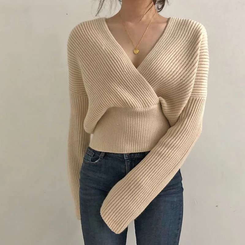 YAMDI rudens žiemos džemperis moterims korėjos atsitiktinis seksualus megztinis megztinis moteriška v kaklo kietas kryžiaus storas, šiltas megzti laisvas megztinis