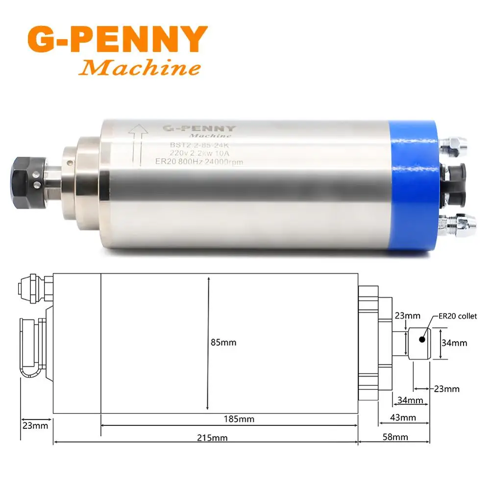 G-penny CNC ašinis variklis 2.2 kw ER20 Metalo Veleno vandeniu aušinamas 800Hz Polių=4, Naudojami metalo,ketaus,nerūdijančio plieno vandens aušinimo