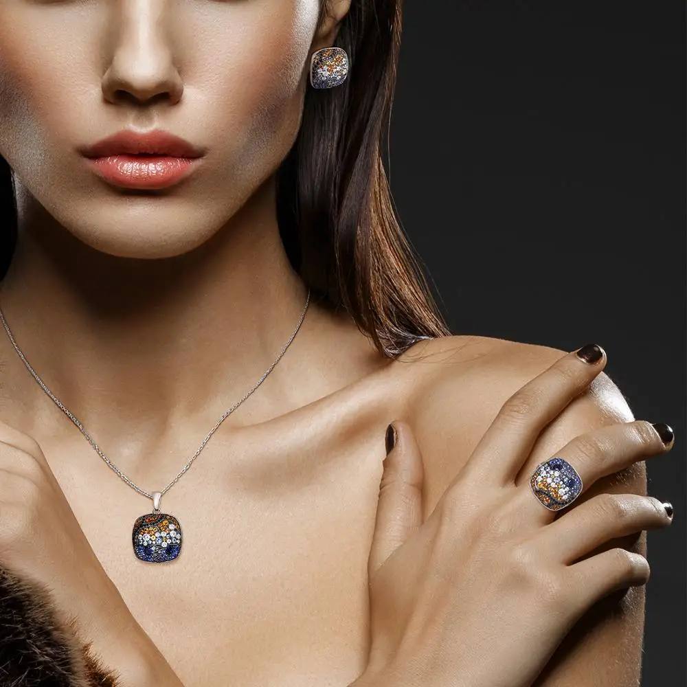 SANTUZZA Sidabro Pakabukas Moterims, Originali 925 Sterlingas Sidabro Kibirkščiuojantis Blue Orange Akmenys Aikštėje Madinga Šalies Fine Jewelry