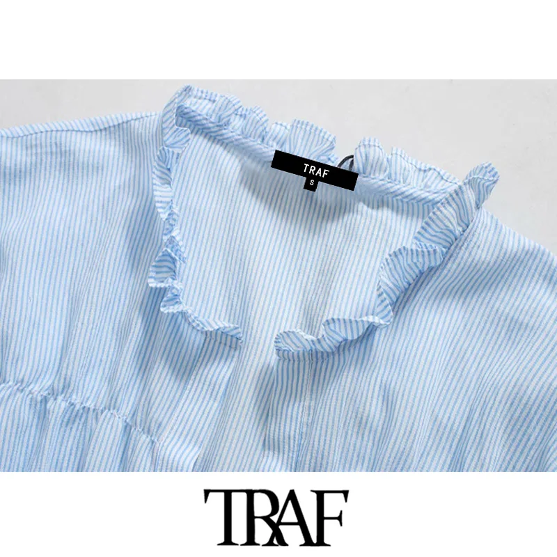 TRAF Moterų Saldus Mados Dryžuotas Susiėmę Palaidinės Vintage V Kaklo Trys Ketvirtį Rankovės Moterų Marškiniai Blusas Prašmatnus Viršūnės
