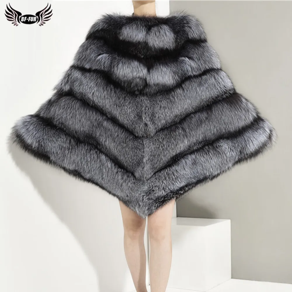 BFFUR 2020 m. Žiemos Nekilnojamojo Silver Fox Fur Žaliojo Moterims, Originali Fox Fur Poncho Ir Skara Visą odos, Natūralaus Kailio Paltai Moterims Prabanga