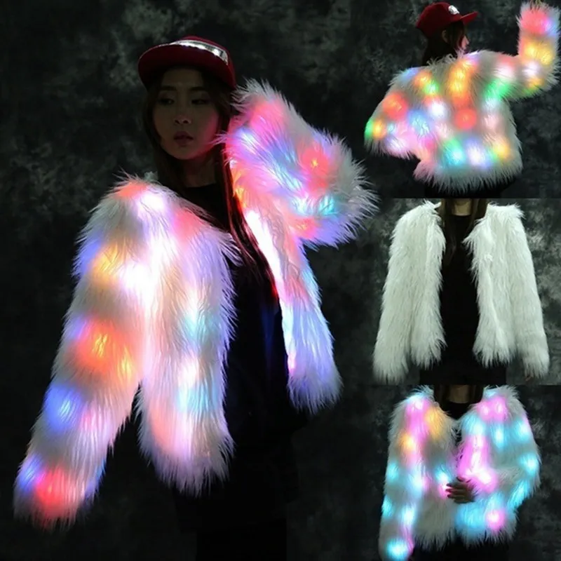 Moterų Dirbtiniais Kailiais LED Šviesos Kailis Kalėdų Kostiumai Cosplay Pūkuotas Kailio Striukė Outwear Žiemą Šilta Šventė Šalies Klubas Paltas