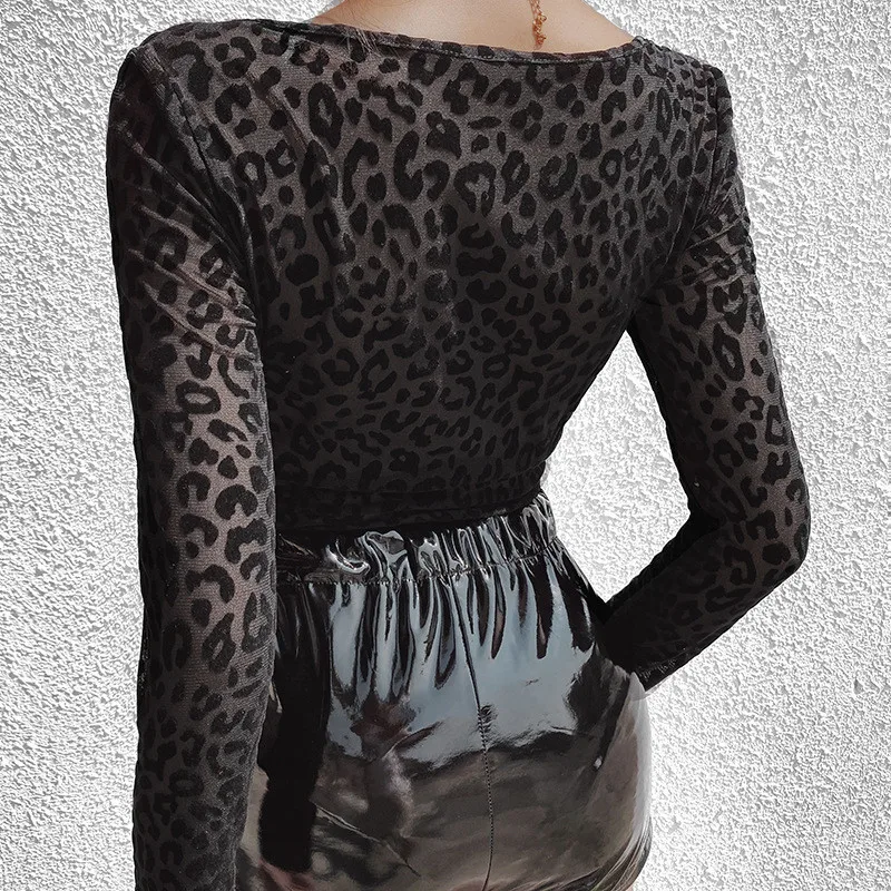 SEZONAI ilgomis Rankovėmis Leopard Akių matyti-per Kratinys Seksualus Bodysuit Rudenį Moterų Mados Streetwear Klubas Komplektus ASJU80494