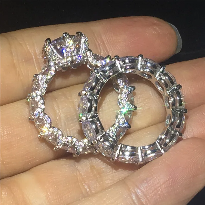 Vecalon Mėgėjams Derliaus Pažadas Žiedas nustatyti 925 Sterlingas sidabro 5A Cirkonis Cz Dalyvavimas Vestuvių Juostoje žiedai, moterų Nuotakos Papuošalai