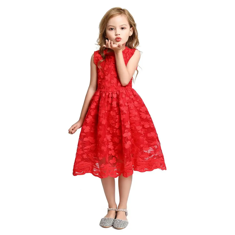 MUABABY Mergaičių Vasaros Suknelė be Rankovių Nėrinių Vaikams, Elegantiškas Drabužius Gėlių Siuvinėjimas Raudona Balta Spalva Vaikams Laisvalaikio Suknelė 2-8T