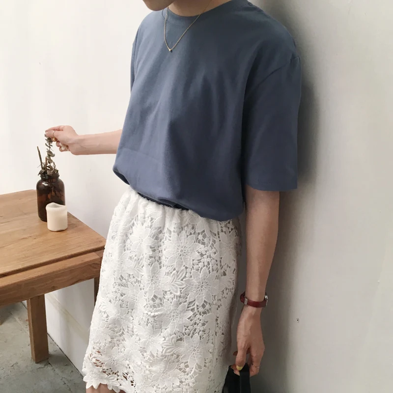 Moterų Vasaros korėjos Harajuku Kawaii vientisos Spalvos Gruntas Laisvas Plonas Trumpas Rankovės Retro T-Shirt Moterų Viršūnių 12 Spalvų Srovės Tee
