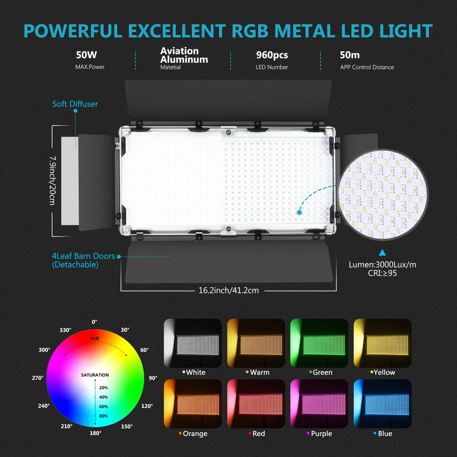Neewer 960 RGB Led Šviesos su APP Kontrolės, 960 SMD LED Reguliuojamas Spalvų/9 Taikoma Scenos LCD Ekranas/Barndoor Metalo Rėmelis
