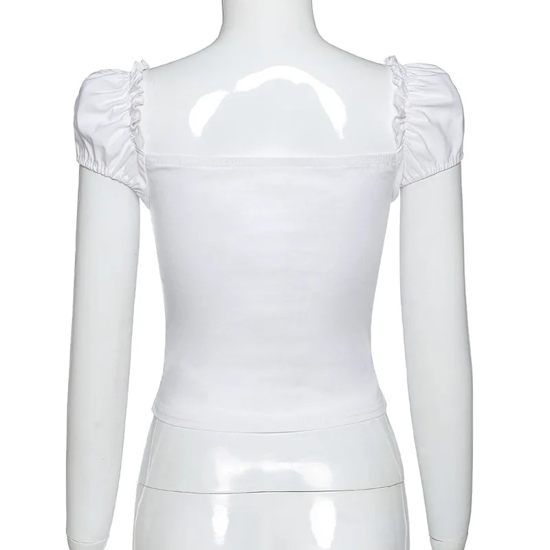 Trumpas Sluoksniuotos Rankovėmis Marškinėliai Moterims 2020 Metų Vasaros Sexy Nėrinių Kryžiaus Tvarstis Off Peties Baltas Korsetas Topai Marškinėliai Camiseta Mujer