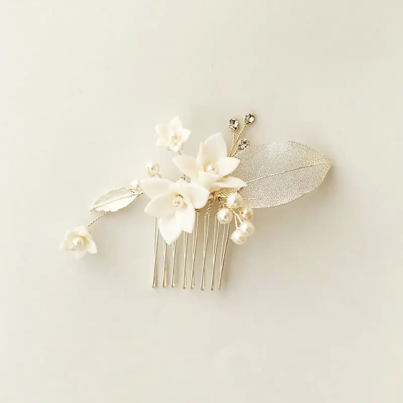 Elegantiškas Balto Emalio Gėlių Šukos Tuščiaviduriai Lapų Plaukų Aksesuarai Nuotaka Vestuvių Plaukų Šukos