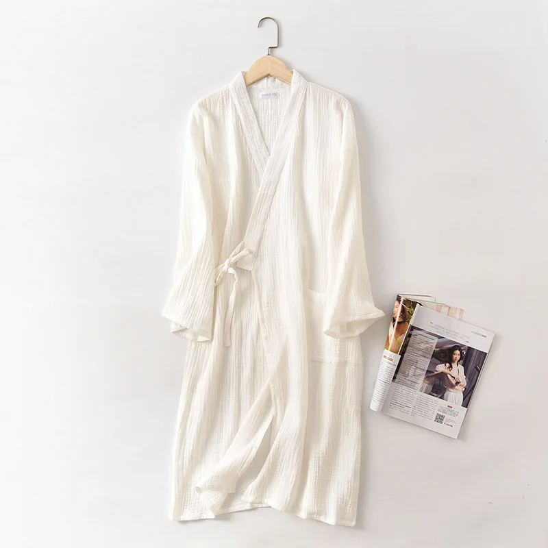 Medvilnės Porų Chalatas Kietas Krepo Gazas Skraiste V-kaklo Japonijos Kimono Stiliaus Vestuvių Chalatai Sleepwear Plius Dydis Suknelė Padažu