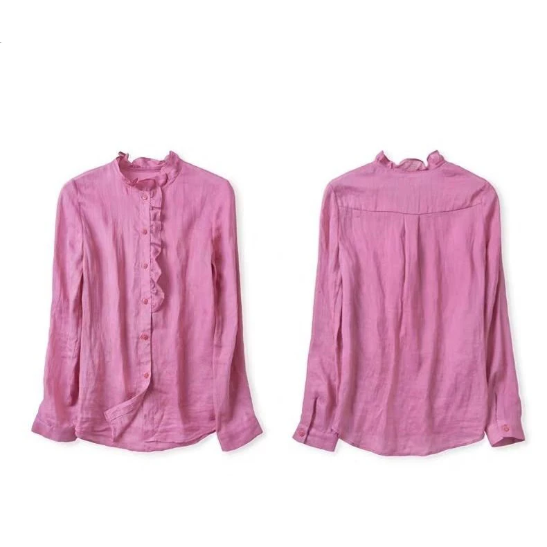 Mygtukas Aukštyn Moterų Marškinėliai ilgomis rankovėmis Rožinė Pynimas Viršuje Vintage Palaidinė Plius dydžio Drabužių Moterims Medvilnės Skalbiniai Ponios Atsitiktinis Marškinėliai