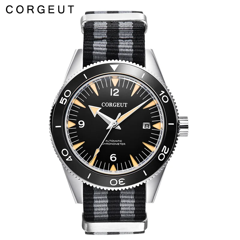 Corgeut 41mm sterilūs dial data Miyota 8215 automatinė vyrų mechaninis laikrodis atsparus vandeniui šviesos safyro stiklo nailono diržas
