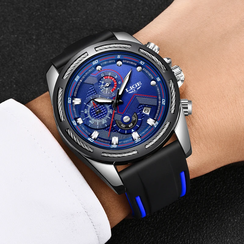 2019 LIGE Vyrų Chronograph Kvarcinis Analoginis laikrodis su Data, Šviesos Rankas, atspari Vandeniui Silikoninė Guma Dirželis Wristswatch Žmogui