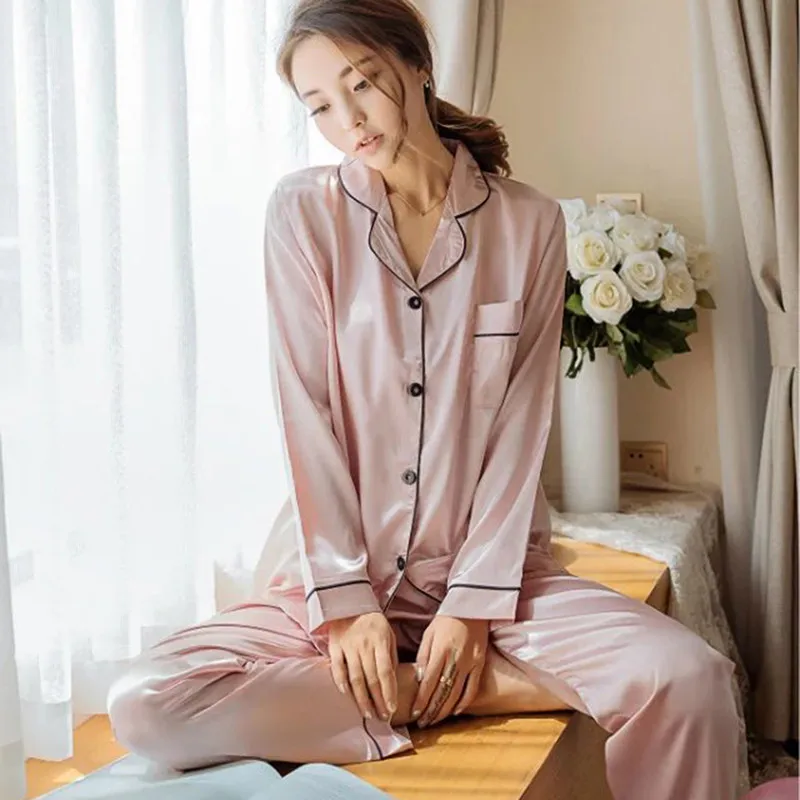 Moterų Šilko Satino Pižama Pižamos Nustatyti Ilgomis Rankovėmis Sleepwear Pijama Pižama Kostiumas Moterų Miego Dviejų Dalių Komplektas Loungewear Plius Dydis