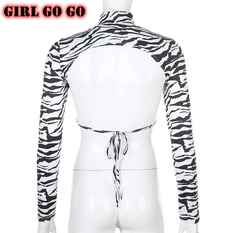 2020 m. Rudenį Rudenį ilgomis Rankovėmis marškinėlius Moterims Zebra Stripes Pasėlių Viršuje Streetwear Atvira nugara Tuščiaviduriai Iš t Shirts Harajuku Nėrinių
