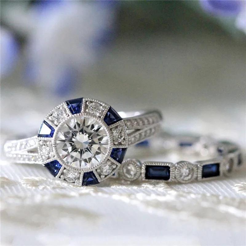Choucong Rankų darbo Pažadas žiedas nustatyti, Mėlyna AAAAA Cirkonis Cz 925 Sterlingas sidabro Jubiliejų, Vestuvių Juostoje Žiedai, moterų, vyrų Papuošalai