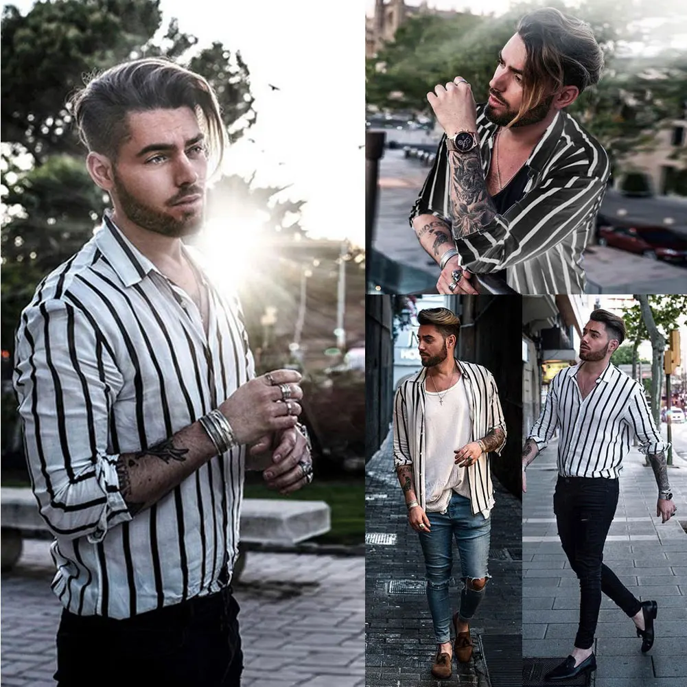 Mados Naujų Plus Size Streetwaer vyriški Slim Fit Long Sleeve Lino Stripe Marškinėliai Atsitiktinis marškinėliai Topai Palaidinė