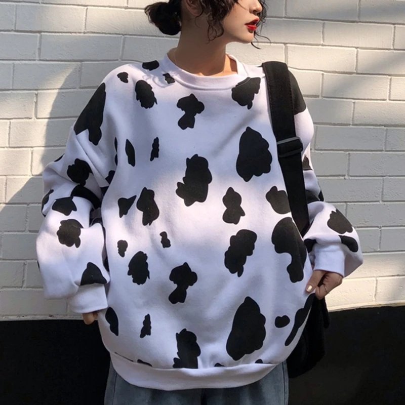 Japonijos Rudenį Moterų Mados Prarasti Ilgomis Rankovėmis Hoodies Laisvalaikio Megztiniai Naujų Karvių Pieno Spausdinti Hoodie Moterų Palaidinukė