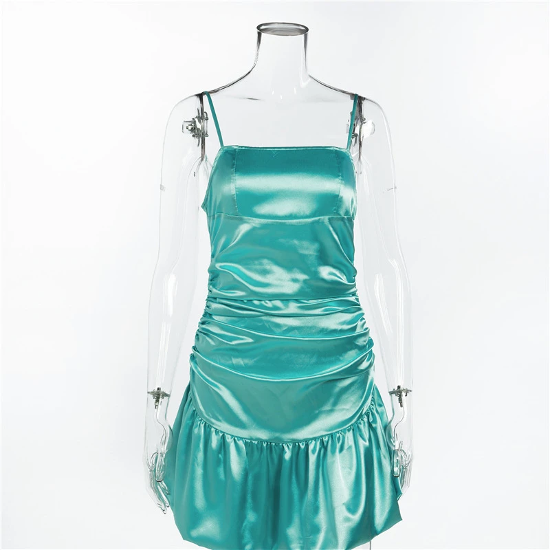 Ohvera 2020 M Sexy Runched Dress Satino Bodycon Spageti Dirželis Vasaros Suknelės Pynimas Hemline Klubo Mini Suknelės Femal Vestidos