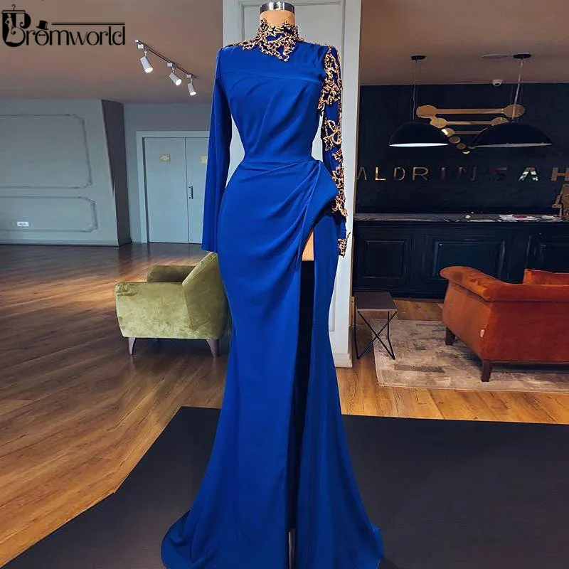 Realios Foto Royal Blue Undinė Keltas Suknelės Ilgomis Rankovėmis Aukštu Kaklu Vakarinę Suknelę 2020 M. Aukštos Ritininės Aukso Nėrinių Zawalcowany Oficialią Šalies Suknelė